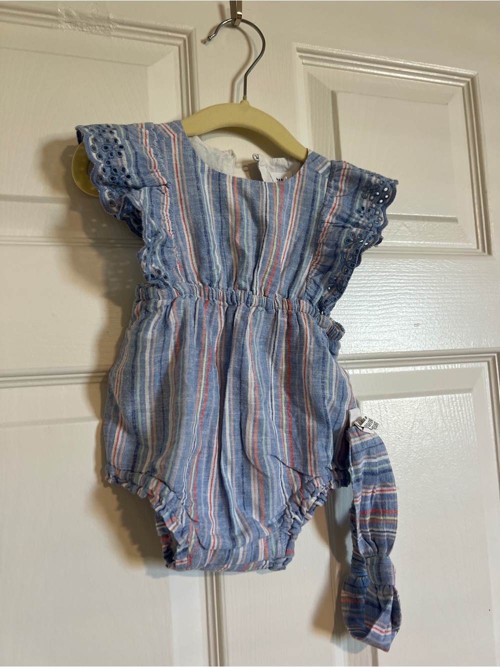 GAP Baby Girl Blue Striped Cotton Romper with Matching Headband- NWT